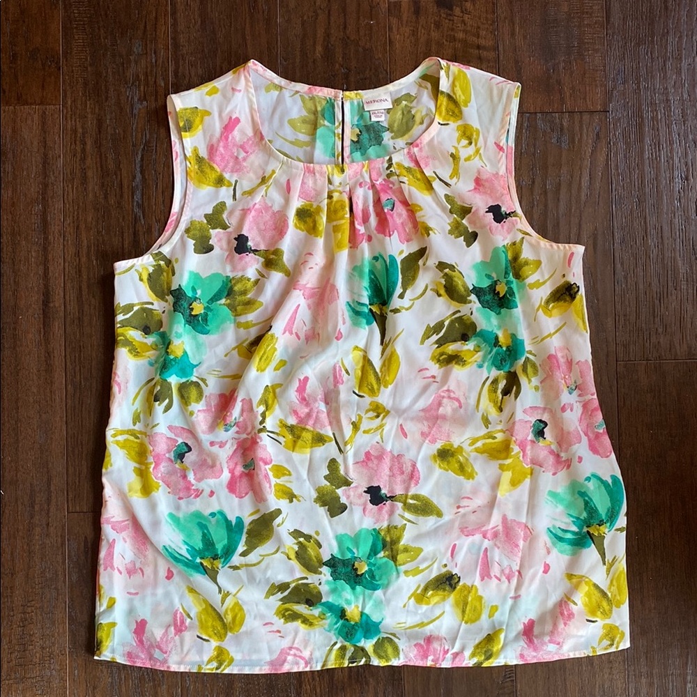 Merona pleated neck tank watercolor floral chiffon size XXL